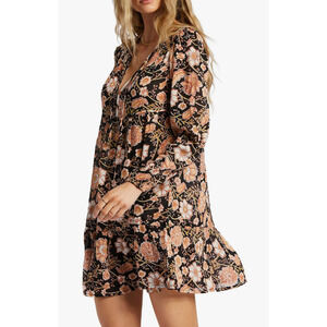 Billabong Sunset Views Floral Long Sleeve Dress Black Orange Sz M Boho Sundress
